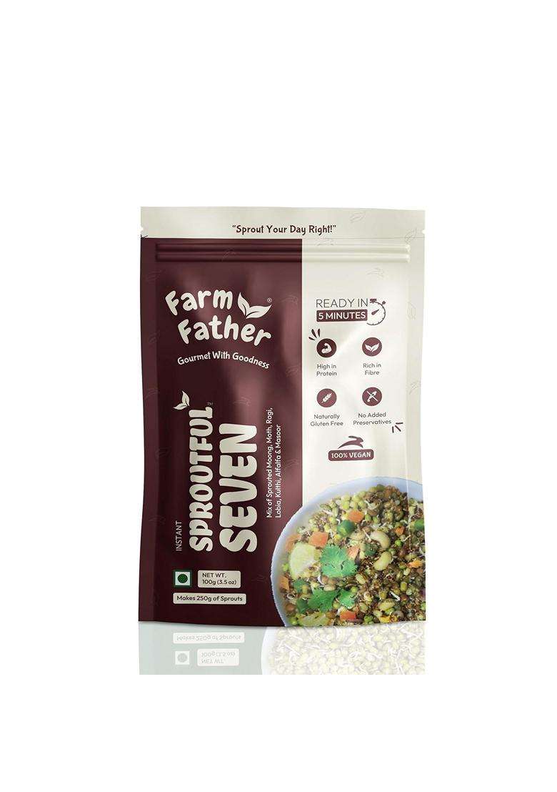 Farm Father Instant Sproutful Seven Mix Ready in 5 Minutes Sprouted Moong Moth Ragi Lobia Kulthi Alfalfa And Masoor High Protein And Rich Fibre 100% Vegan Gluten Free No Added Preservatives Healthy Breakfast Salad And Snack Mix SPROUTFUL SEVEN 300G - Indya