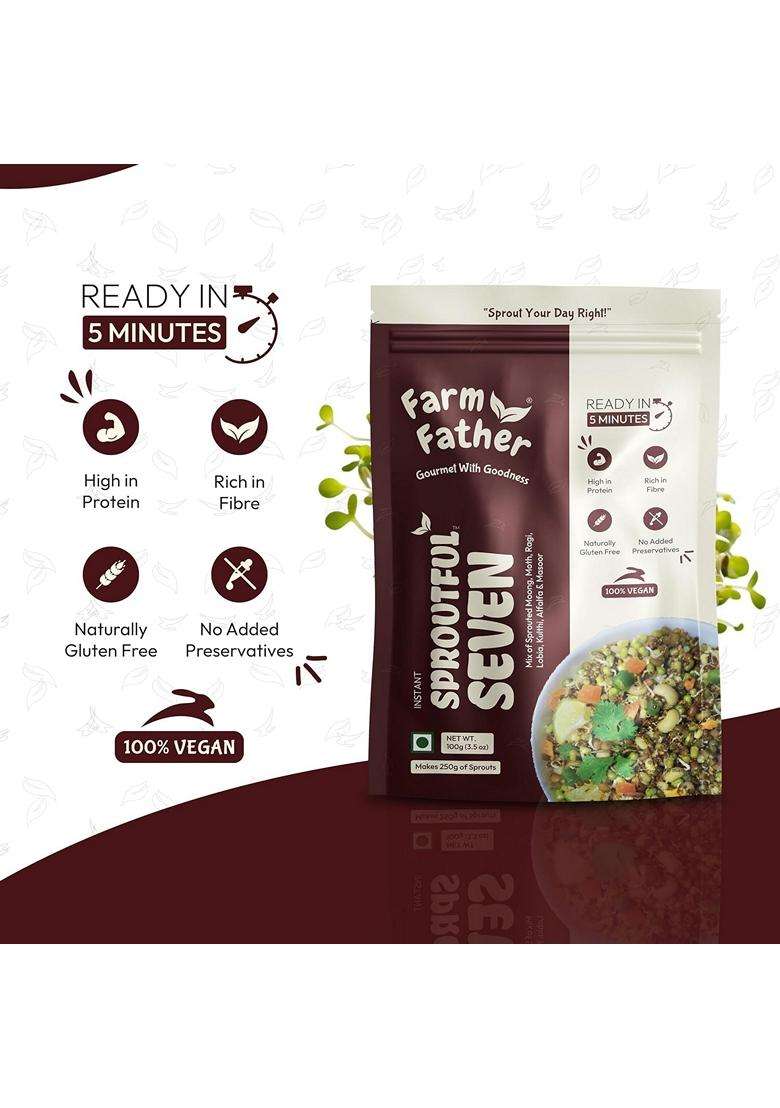 Farm Father Instant Sproutful Seven Mix Ready in 5 Minutes Sprouted Moong Moth Ragi Lobia Kulthi Alfalfa And Masoor High Protein And Rich Fibre 100% Vegan Gluten Free No Added Preservatives Healthy Breakfast Salad And Snack Mix SPROUTFUL SEVEN 300G - Indya