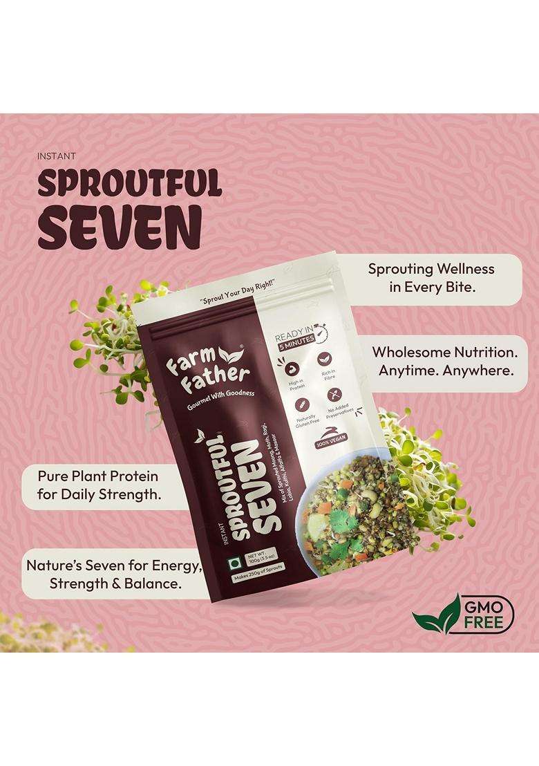 Farm Father Instant Sproutful Seven Mix Ready in 5 Minutes Sprouted Moong Moth Ragi Lobia Kulthi Alfalfa And Masoor High Protein And Rich Fibre 100% Vegan Gluten Free No Added Preservatives Healthy Breakfast Salad And Snack Mix SPROUTFUL SEVEN 300G - Indya