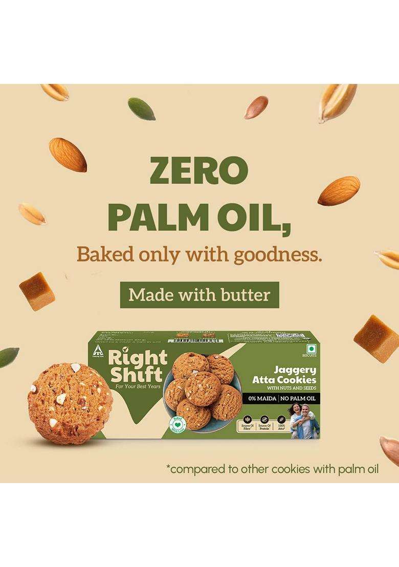 Right Shift Jaggery Atta Cookies 3 X120G No Palm Oil Made With Butter 0 Maida Refined Sugar With Goodness Of 6 Nuts Seeds Anytime Snack - Indya