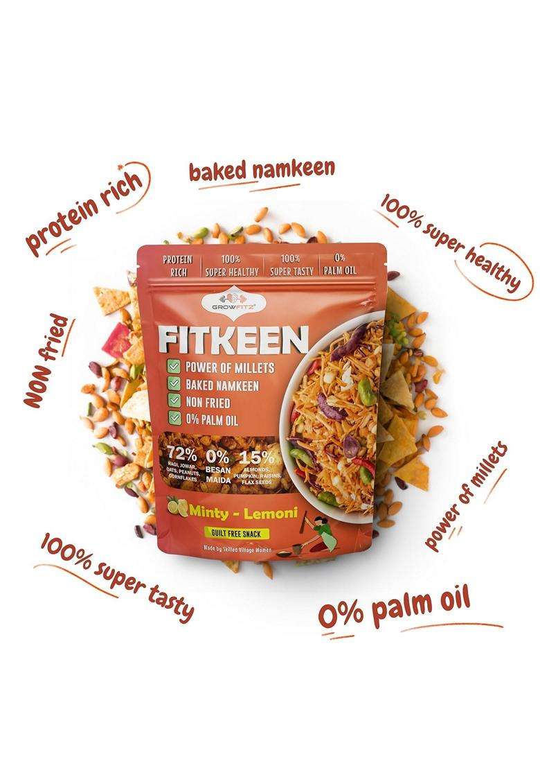 Growfitz Baked Namkeen Mixture 200G Minty Lamoni Flavor Power Of Millets Non Fried 0 Palm Oil 124G Rich Protein Super Tasty Healthy Guilt Free Snacks - Indya