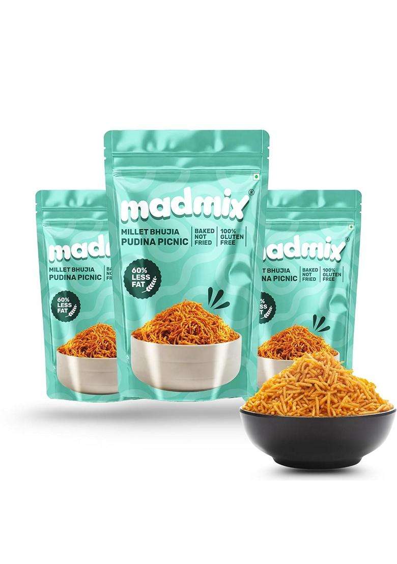 Madmix Baked Bhujia Pudina Picnic Jowar Millet Bhujiya Diabetic Snacks Sugar Free Healthy Snacks No Preservatives Palm Oil Trans Fat Pack Of 3 135G X - Indya