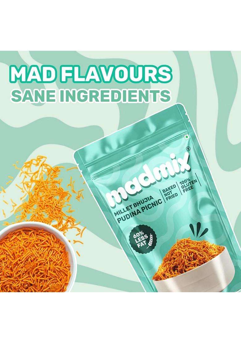 Madmix Baked Bhujia Pudina Picnic Jowar Millet Bhujiya Diabetic Snacks Sugar Free Healthy Snacks No Preservatives Palm Oil Trans Fat Pack Of 3 135G X - Indya