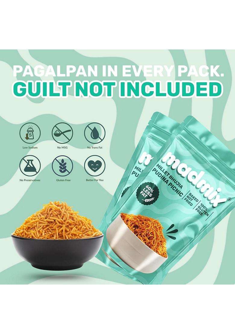 Madmix Baked Bhujia Pudina Picnic Jowar Millet Bhujiya Diabetic Snacks Sugar Free Healthy Snacks No Preservatives Palm Oil Trans Fat Pack Of 3 135G X - Indya