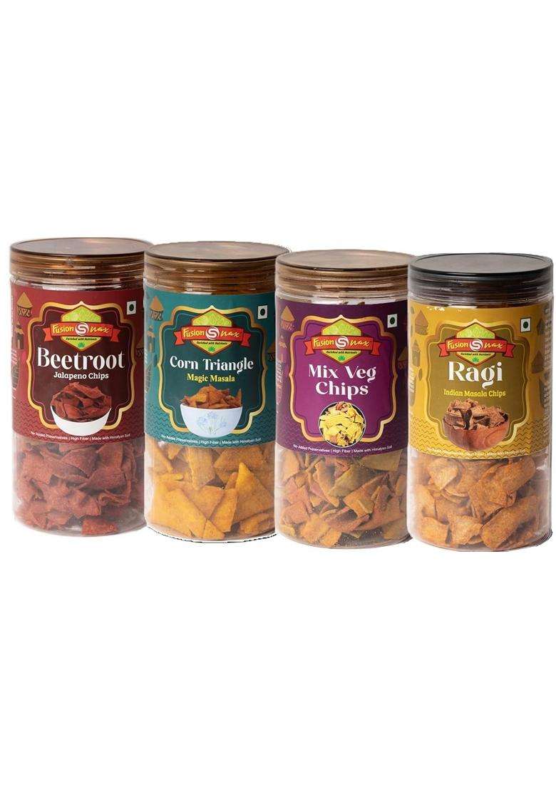 Fusionsnax Healthy Mixed Chips Combo Beetroot Jalapeno Corn Triangle Magic Masala Mix Veg Ragi Indian Masala High Protein Snacks No Palm Oil Pack Of 4 - Indya