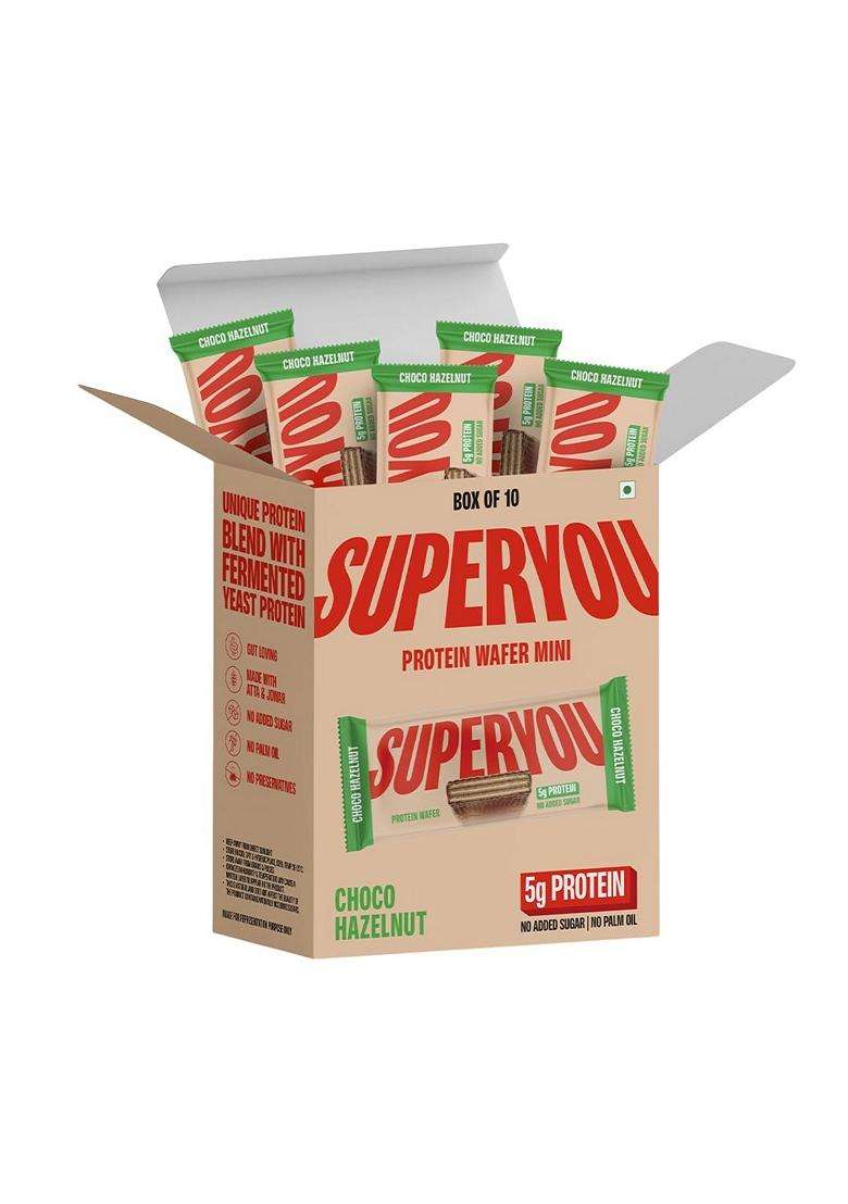 Superyou Choco Hazelnut Protein Wafer Mini Bars Pack Of 10 5g Protein Made with Atta And Jowar No Added Sugar Yeast Fermented Energy Bars 100% Vegetarian No Palm Oil 200g - Indya