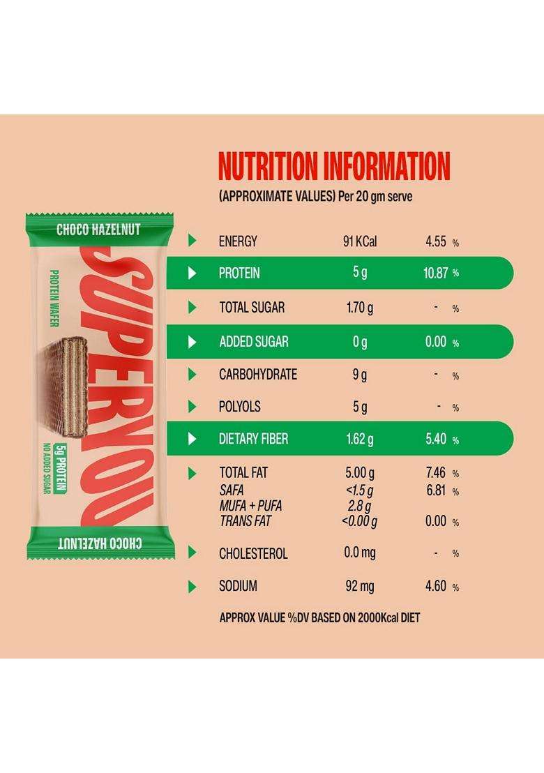 Superyou Choco Hazelnut Protein Wafer Mini Bars Pack Of 10 5g Protein Made with Atta And Jowar No Added Sugar Yeast Fermented Energy Bars 100% Vegetarian No Palm Oil 200g - Indya