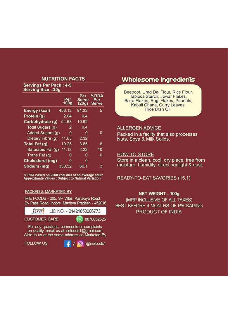 Irie Millet Crunch Mix Beetroot Healthy Roasted Namkeen Snack Made With Millets Beetroot Peanuts High Fiber No Palm Oil No Preservatives Crunchy India - Indya