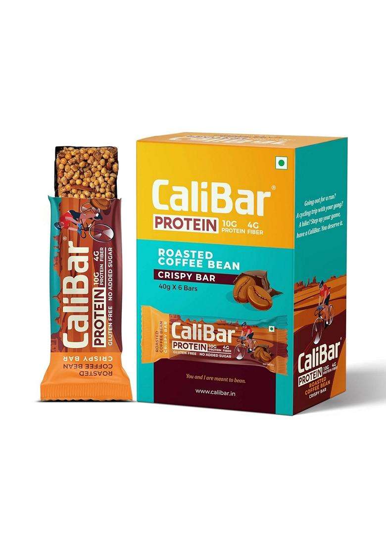 CaliBar 10g Protein Bar - Roasted Coffee Bean Crispy Bar With Real Coffee No Added Sugar Gluten-Free 4g Fiber No Preservatives No Palm oil Delicious Taste And 100% Veg 6 Bars - Indya