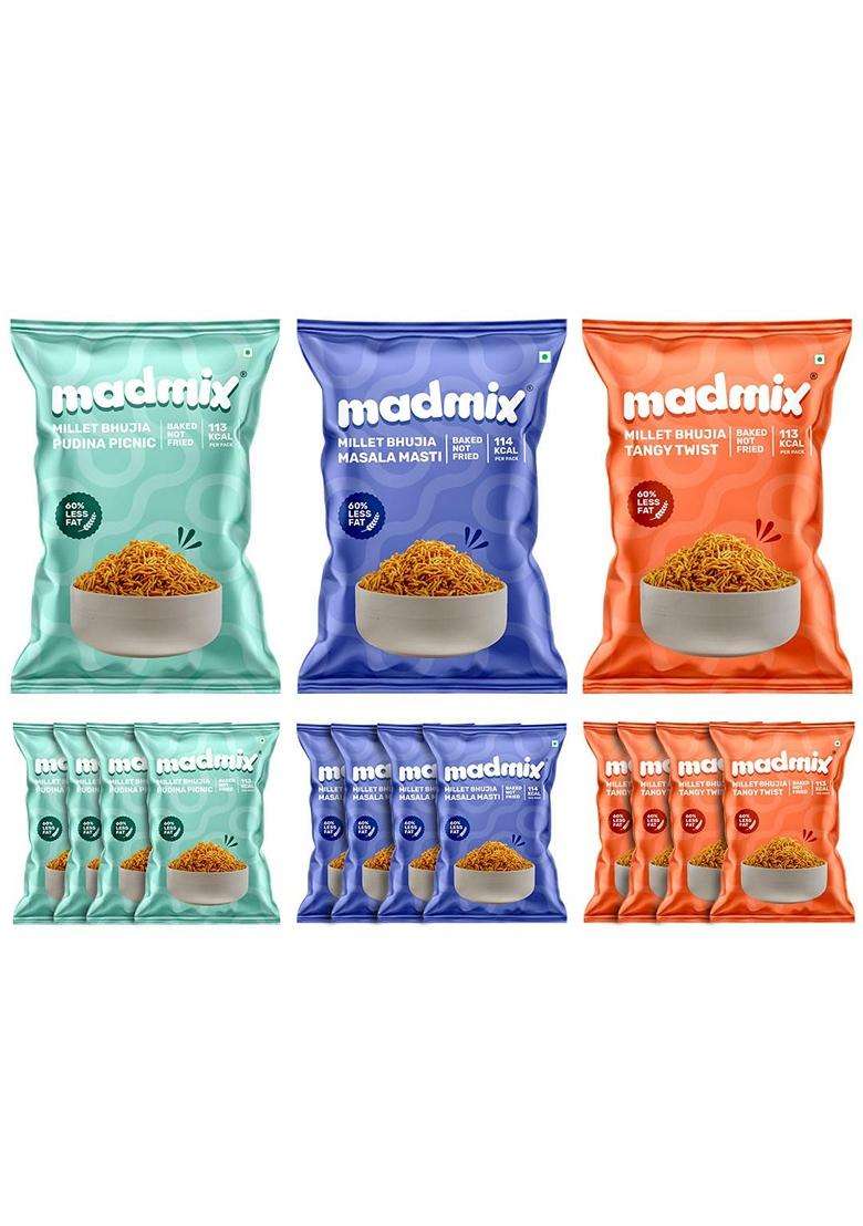 Madmix Millet Bhujia 100% Baked Bhujia Diabetic Snack High Protein Vegan Snack Namkeen Farsaan Healthy Snacks for Kids School Tiffin Pack of 15 27g X 15 - Indya