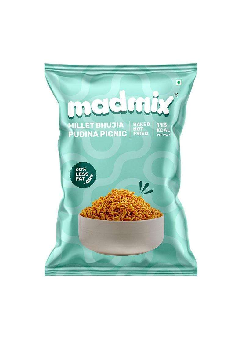 Madmix Millet Bhujia 100% Baked Bhujia Diabetic Snack High Protein Vegan Snack Namkeen Farsaan Healthy Snacks for Kids School Tiffin Pack of 15 27g X 15 - Indya