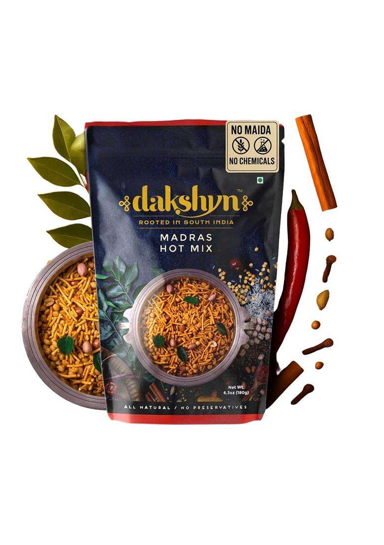 Dakshyn Madras Hot Mix Farsan Snacks Namkeen 250G X Pack Of 2 Jain Snacks No Onion No Garlic South Indian Spicy Mixture High In Protein No Palm Oil Ve - Indya