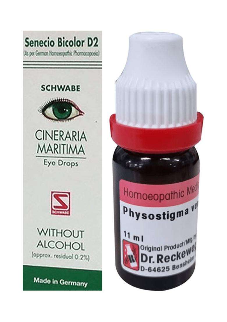 Dr. Reckeweg Physostigma Venenosum Dilution (11ml) & Dr Willmar Schwabe Germany Cineraria Maritima Without Alcohol Eye Drop (10ml) - Indya