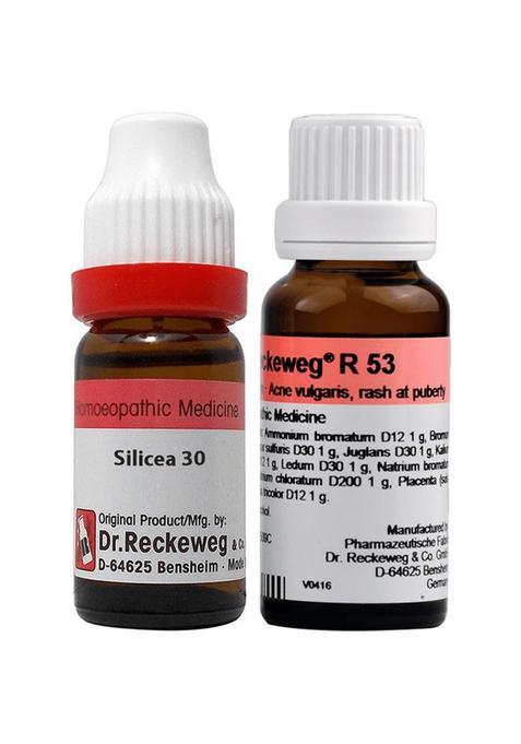 Dr. Reckeweg Pimple Care Combo Pack of Silicea Terra Dilution 30 CH 11ml & R53 Acne Vulgaris and Pimples Drop 22ml