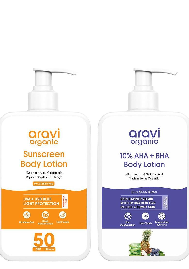 Aravi Organic Set Of Aha Bha Body Lotion Spf 50 Sunscreen 200Ml Each