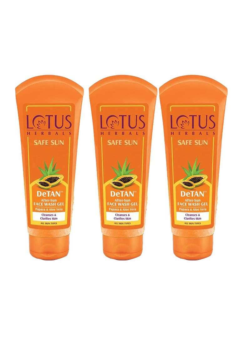 Lotus Herbals Set Of 3 Safe Sun Detan Face Wash Gel With Papaya Aloe Vera 100G Each - Indya