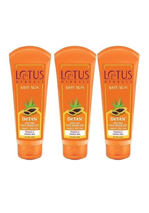 Lotus Herbals Set Of 3 Safe Sun Detan Face Wash Gel With Papaya Aloe Vera 100G Each