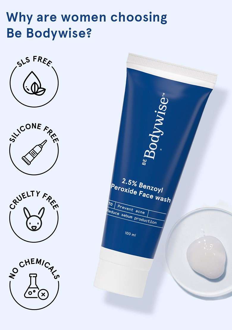 Be Bodywise 2 5 Benzoyl Peroxide Facewash Deep Cleanses Reduces Sebum Production 100Ml - Indya