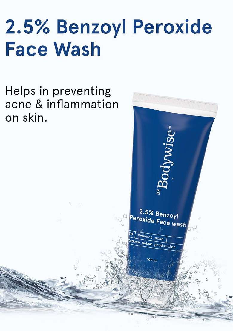Be Bodywise 2 5 Benzoyl Peroxide Facewash Deep Cleanses Reduces Sebum Production 100Ml - Indya