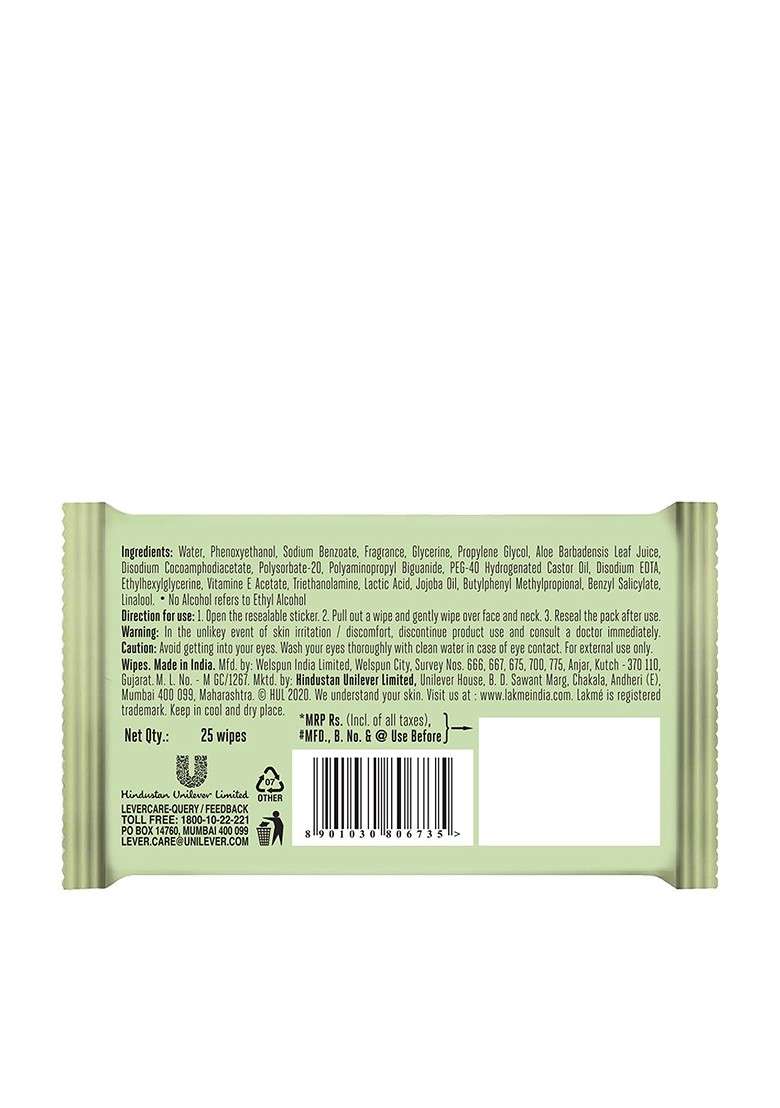 Lakme Pack Of 2 9 To5 Naturale Aloe Cleansing Wipes - Indya