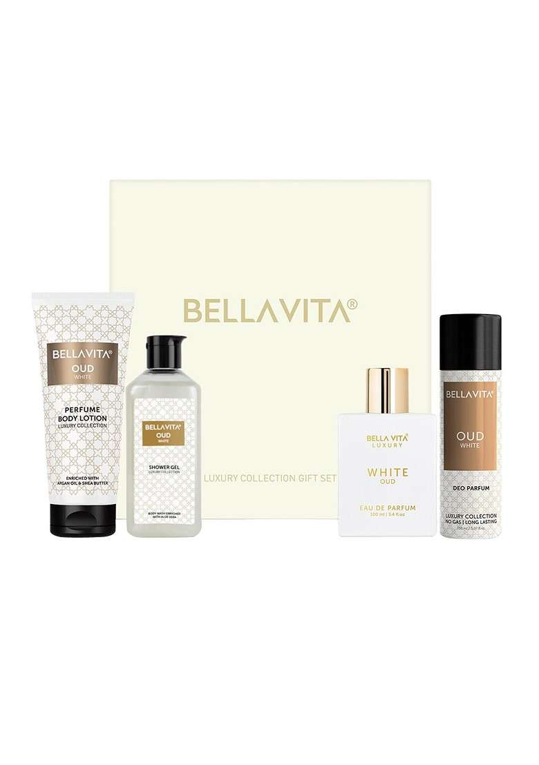 Bella Vita Organic Set Of 4 Oud White Shower Gel Body Lotion Edp Deodorant Gift - Indya