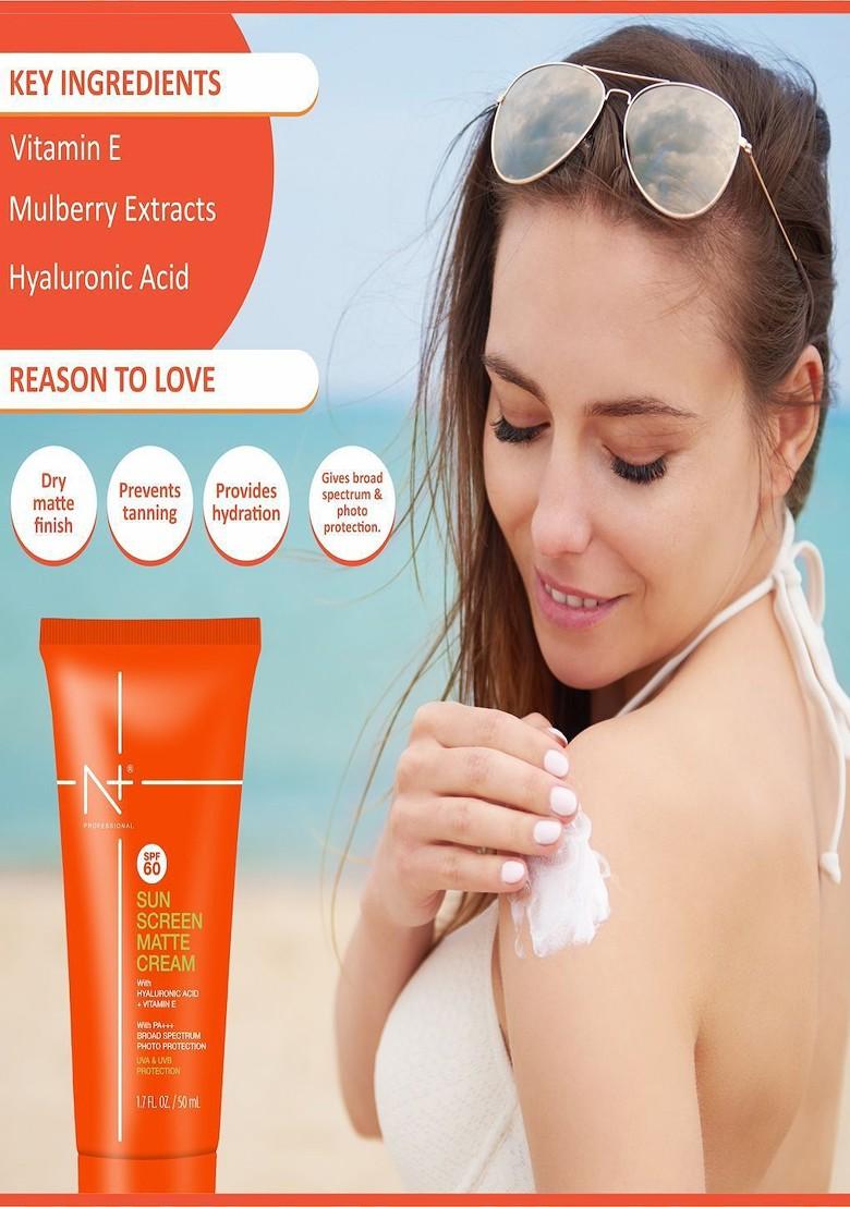 N Plus Professional Sun Screen Spf 60 Matte Cream With Hyaluronic Acid Vitamin E 50 Ml