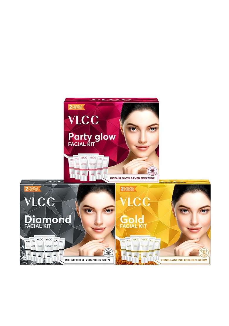 Vlcc Set Of 3 Single Facial Kits Gold Diamond Party Glow 60G Each - Indya