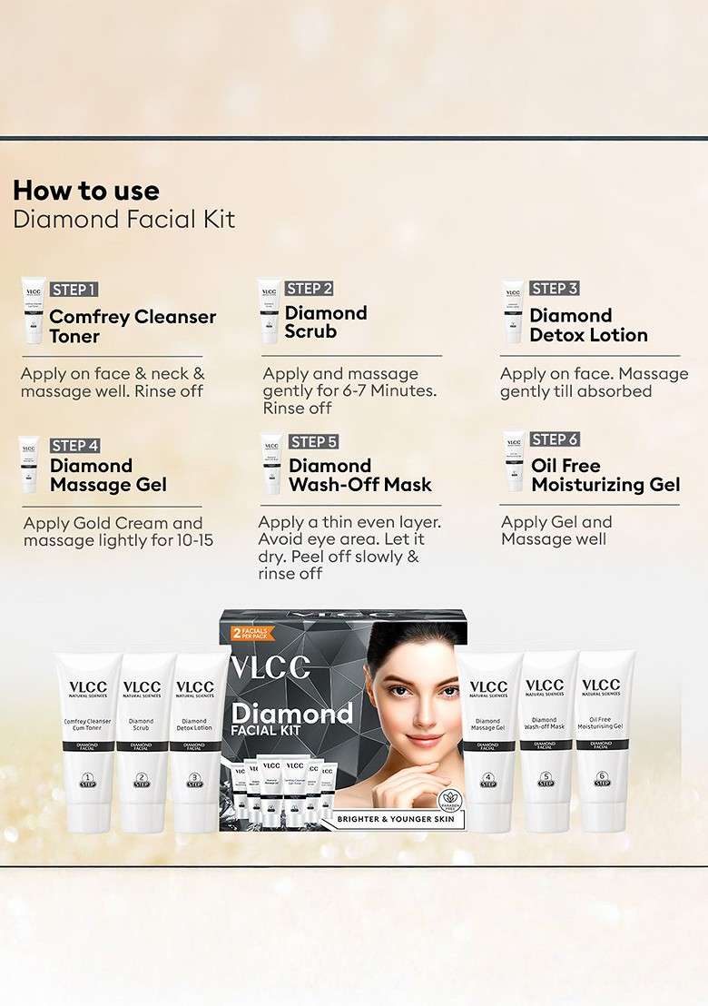 Vlcc Set Of 3 Single Facial Kits Gold Diamond Party Glow 60G Each - Indya