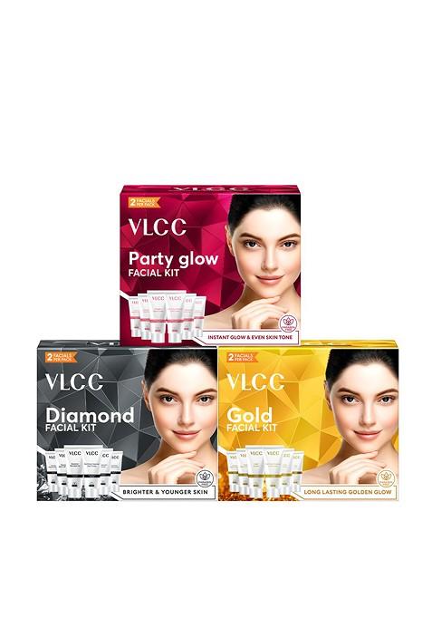 Vlcc Set Of 3 Single Facial Kits Gold Diamond Party Glow 60G Each