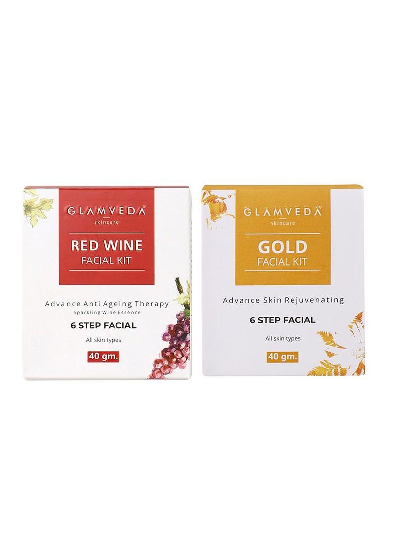 Glamveda Set Of 2 Red Wine Advance Anti Ageing Gold Rejuvenating Facial Kit 40Gm Each