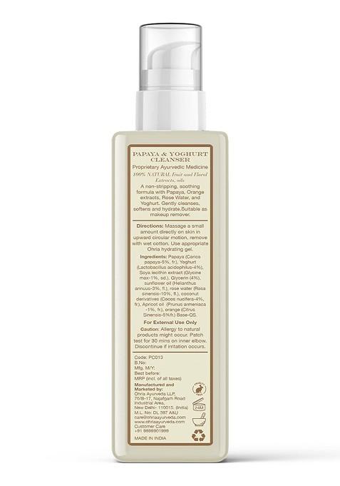 Ohria Ayurveda 100 Soap Free Papaya Yoghurt Moisturizing Facial Cleanser 200 Ml