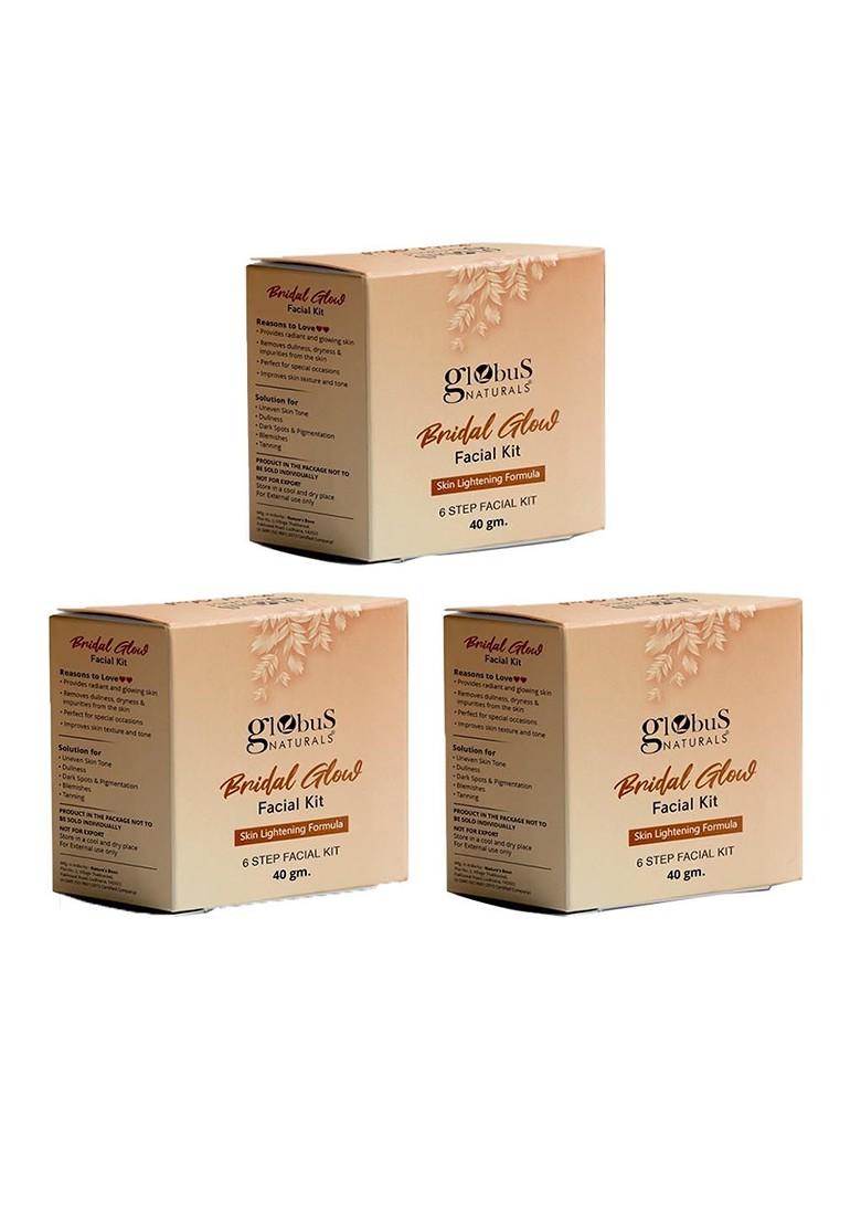 Globus Naturals Bridal Glow Set Of 3 Skin Lightening 6 Step Facial Kits 40Gm Each