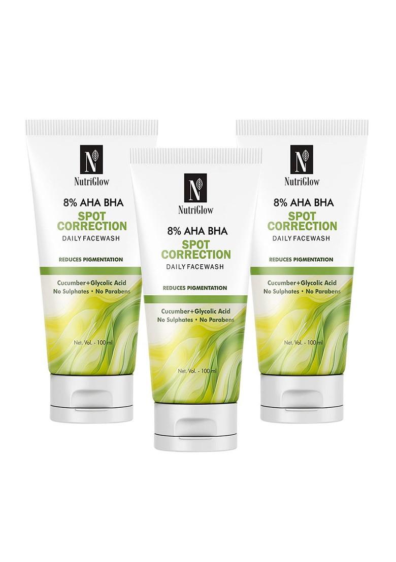 Nutriglow Set Of 3 8 Aha Bha Spot Correction Daily Face Wash With Cucumber 100 Ml Each