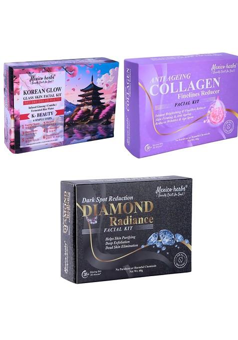 Mexico Herbs Set Of 3 Korean Collagen Diamond Facial Kit For Skin Brightening 60 G Each