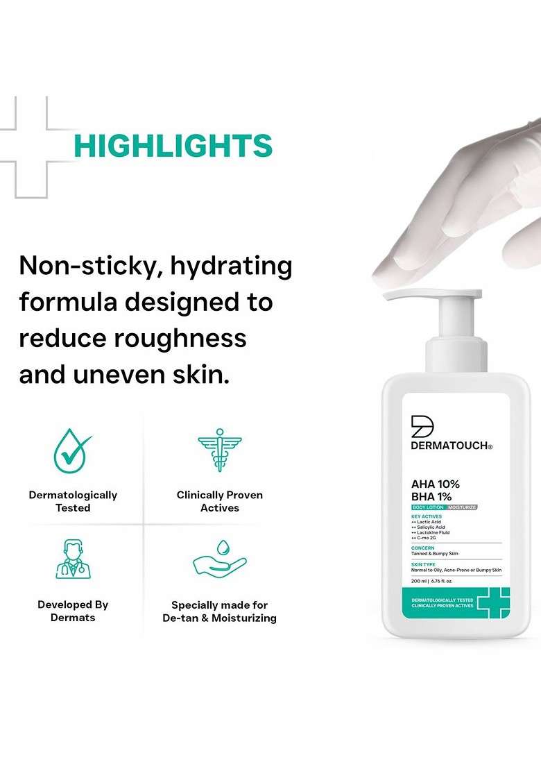 Dermatouch Set Of 2 Aha 10 Bha 1 Body Lotion For Skin Moisturising 200 Ml Each - Indya