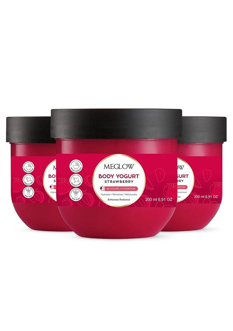 Meglow Set Of 3 Strawberry Yogurt 48Hrs Hydrating Moisturizing Body Cream 200 Ml Each