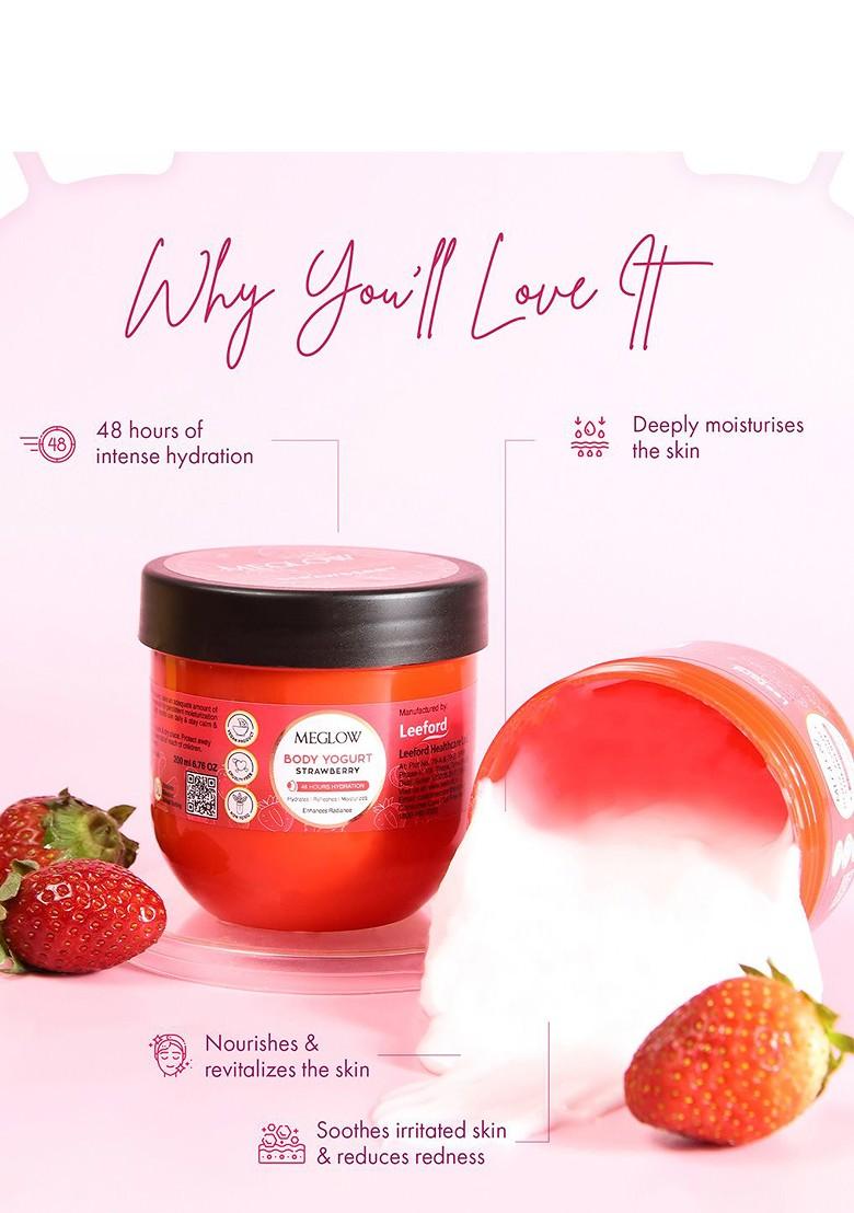 Meglow Set Of 3 Strawberry Yogurt 48Hrs Hydrating Moisturizing Body Cream 200 Ml Each