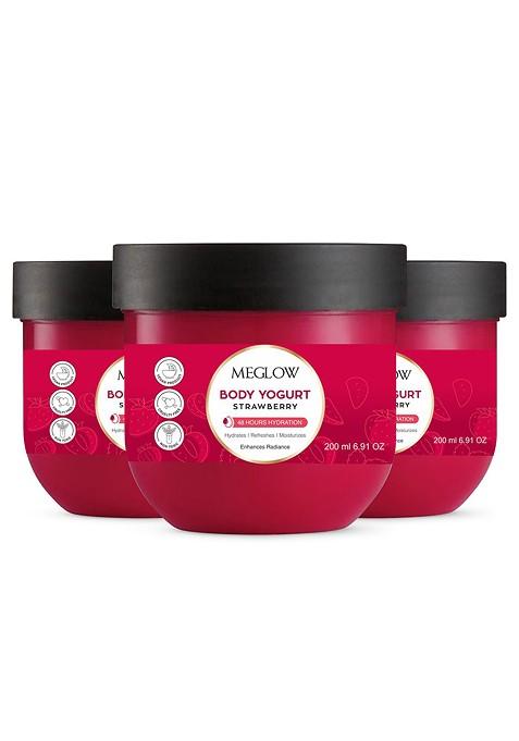 Meglow Set Of 3 Strawberry Yogurt 48Hrs Hydrating Moisturizing Body Cream 200 Ml Each
