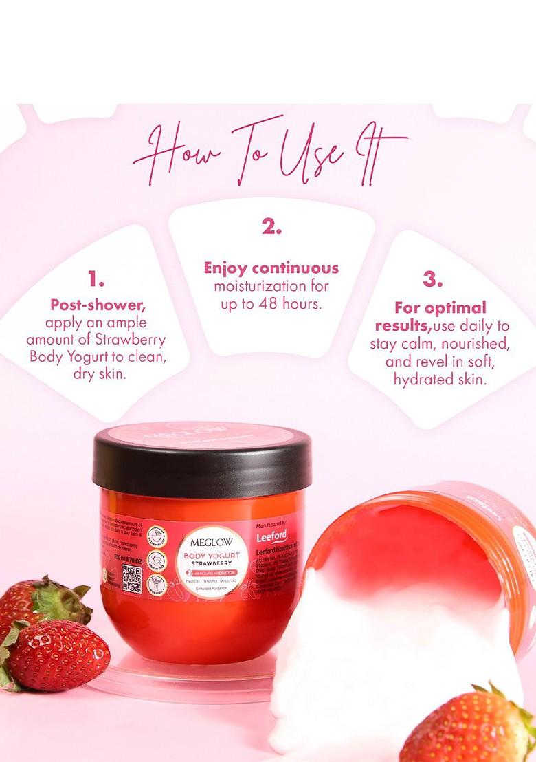 Meglow Set Of 2 Strawberry Yogurt 48Hrs Hydrating Moisturizing Body Cream 200 Ml Each