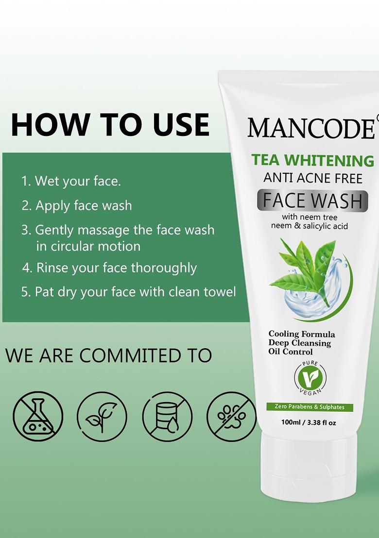 Mancode Tea Whitening Anti Acne Face Wash With Neem Salicylic Acid 100 Ml