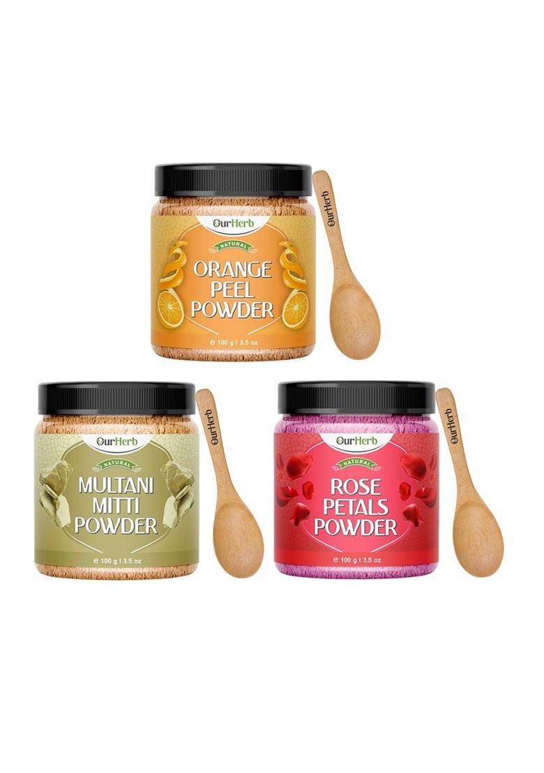 Ourherb Set Of 3 Orange Peel With Rose Petals Multani Mitti Powder Face Pack 100 G Each
