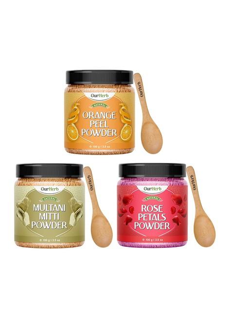 Ourherb Set Of 3 Orange Peel With Rose Petals Multani Mitti Powder Face Pack 100 G Each