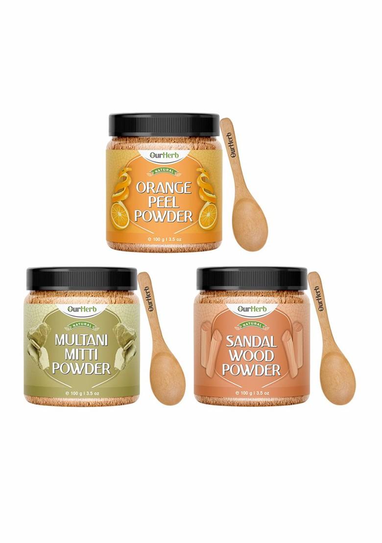 Ourherb Set Of 3 Sandalwood Orange Peel Multani Mitti Powder Face Packs 100 G Each