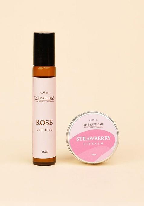 The Bare Bar Set Of 2 Strawberry Lip Balm Rose Oil 10 G Each