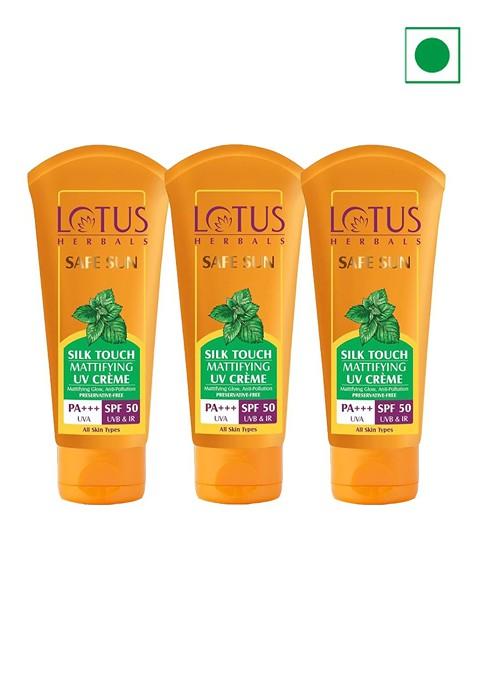 Lotus Herbals Safe Sun Set Of 3 Silk Touch Mattifying Spf 50 Uv Sunscreen Creme 75G Each