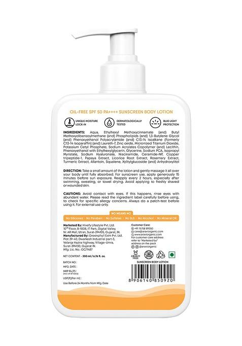 Aravi Organic Oil Free Spf 50 Sunscreen Body Lotion Pa For Sun Protection 200Ml