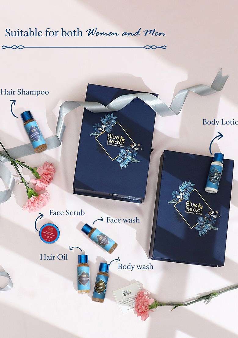 Blue Nectar 6 Pcs Face Scrub Wash Body Lotion Hair Oil Shampoo Gift Set - Indya