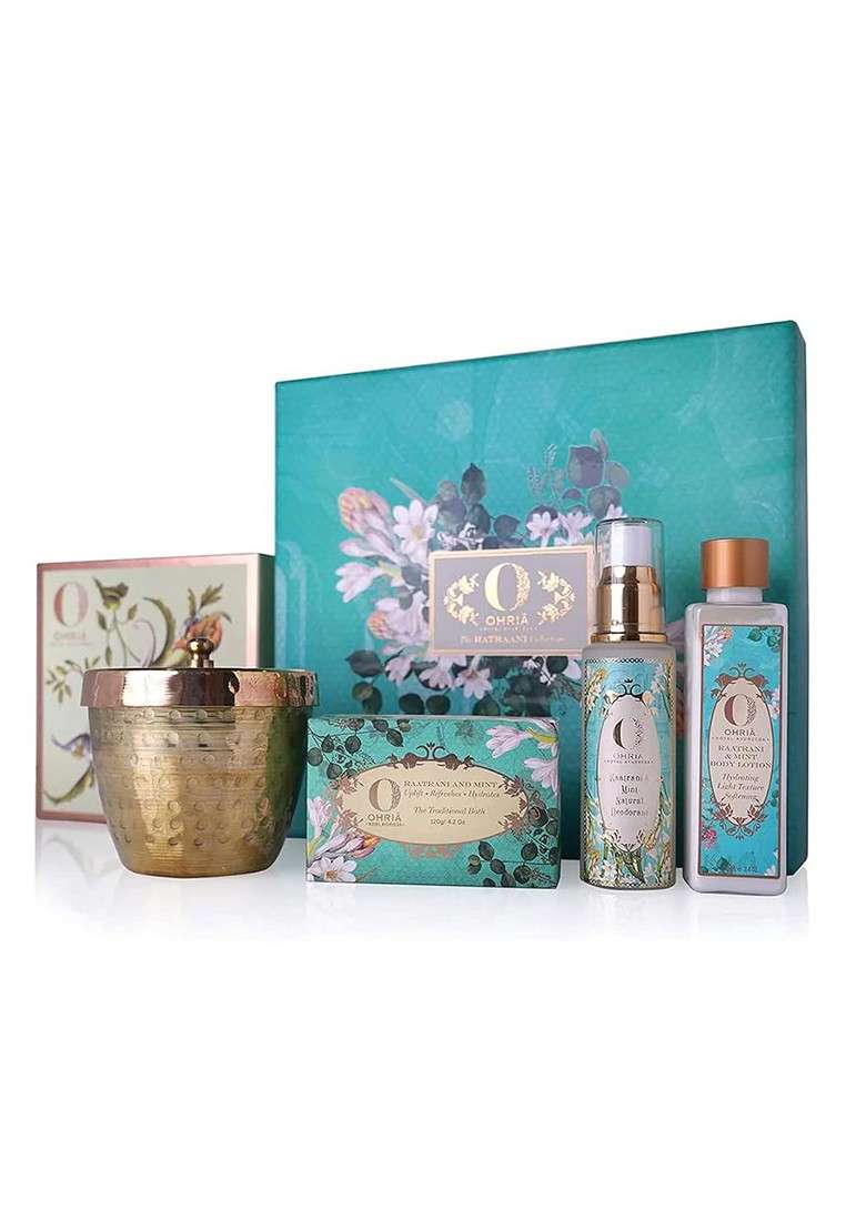 Ohria Ayurveda Mehek Raatrani Mint Gift Box Bathing Bar Deodorant Lotion Candle - Indya