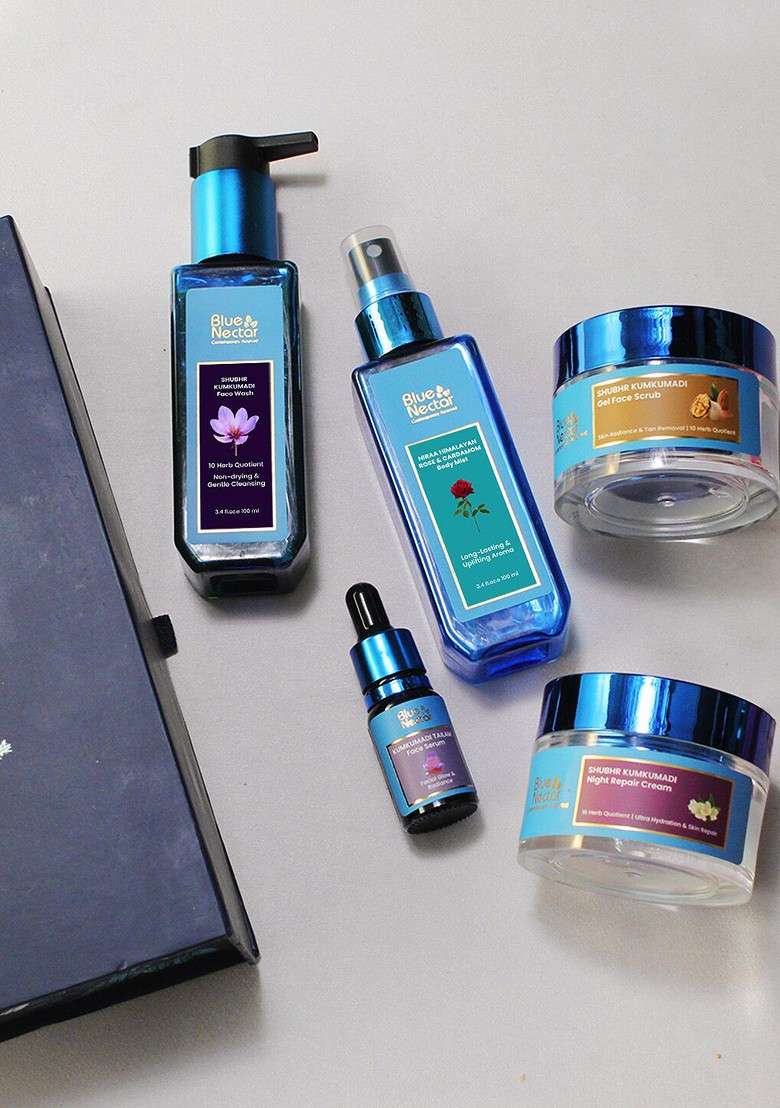Blue Nectar 5 Pcs Face Wash Body Mist Night Cream Scrub Serum Gift Set - Indya