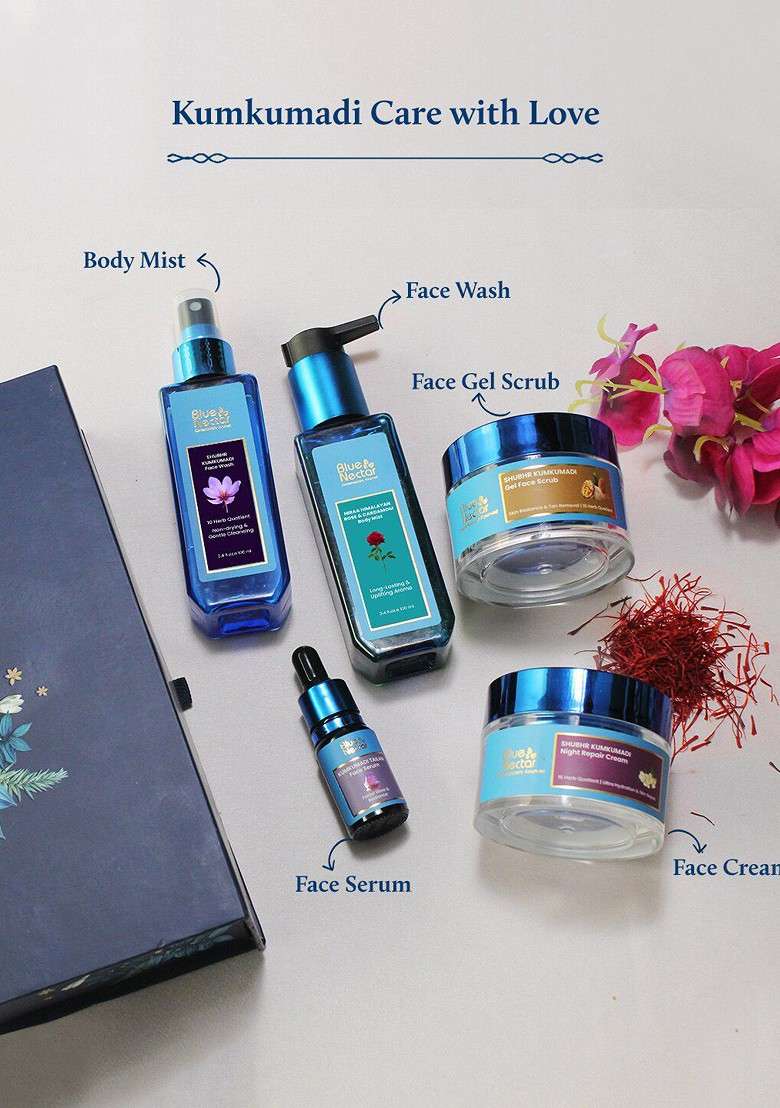Blue Nectar 5 Pcs Face Wash Body Mist Night Cream Scrub Serum Gift Set - Indya
